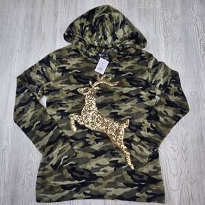 NWT Miss Chievous Camo Fleece Sequin Gold‎ Reindeer Hoodie Sweatshirt Medium